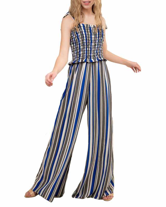 Girl's Smocked Wide-Leg Jumpsuit w/ Knotted Straps, Size S-XL